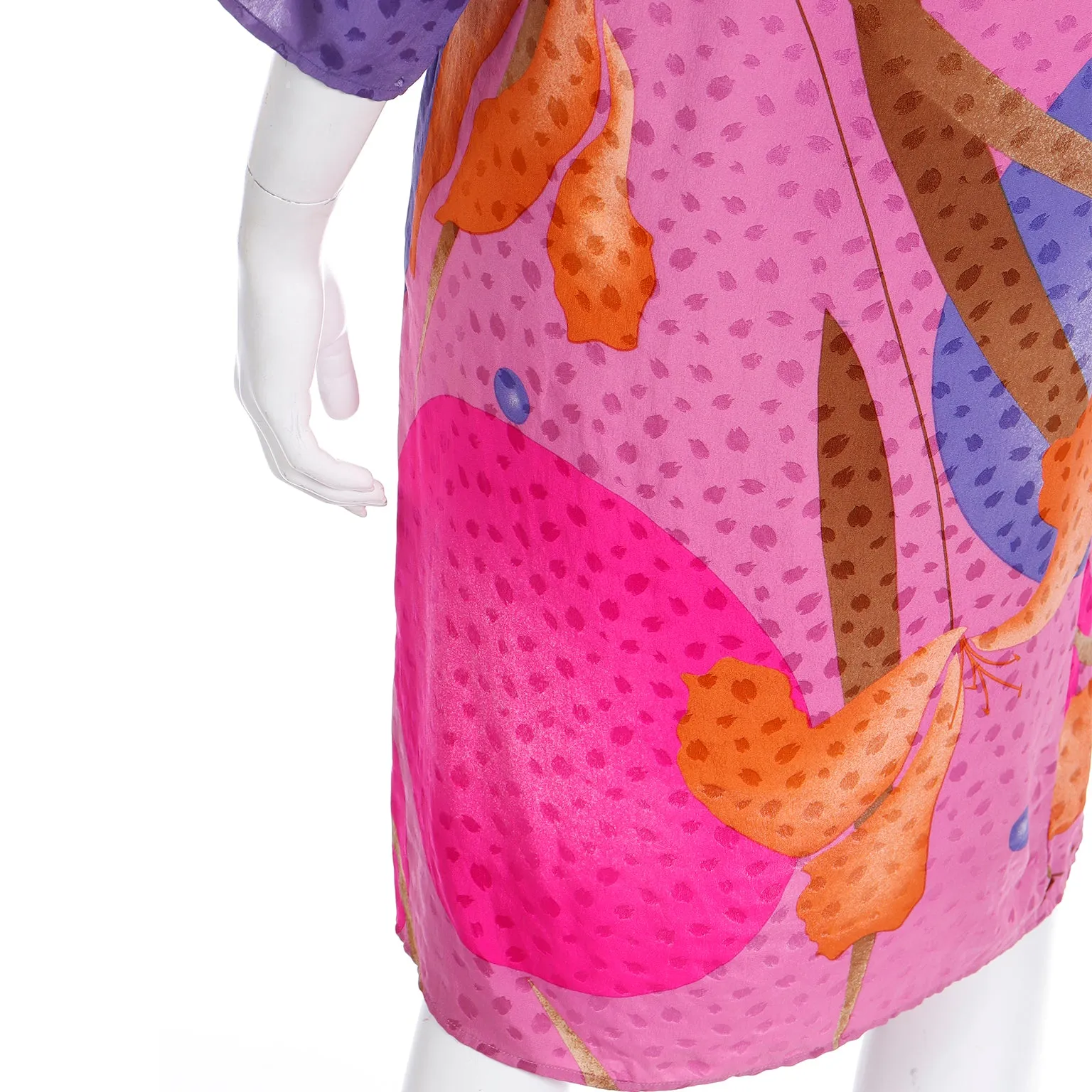 1980s Flora Kung Silk Dress in Pink Orange and Blue Bold Print