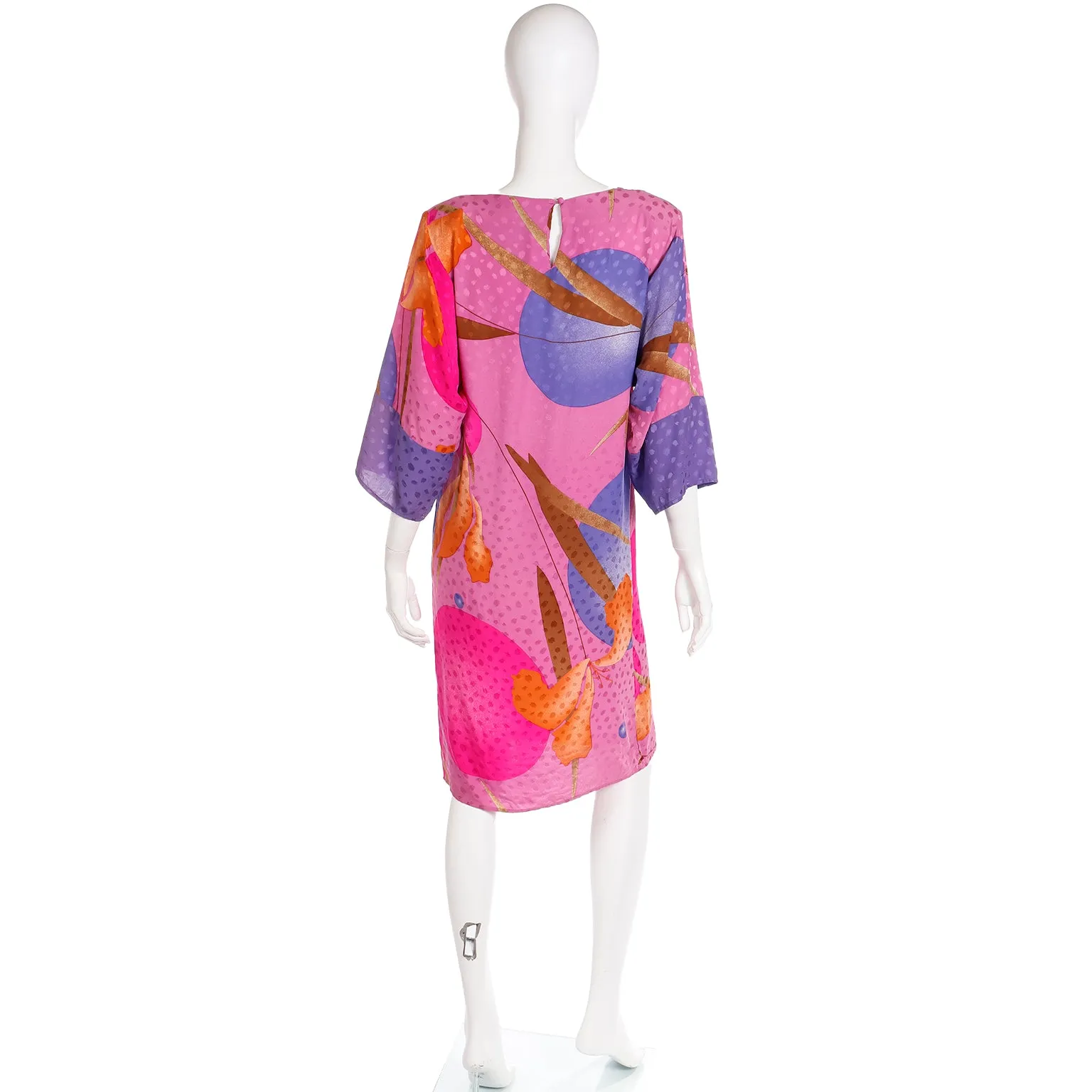 1980s Flora Kung Silk Dress in Pink Orange and Blue Bold Print