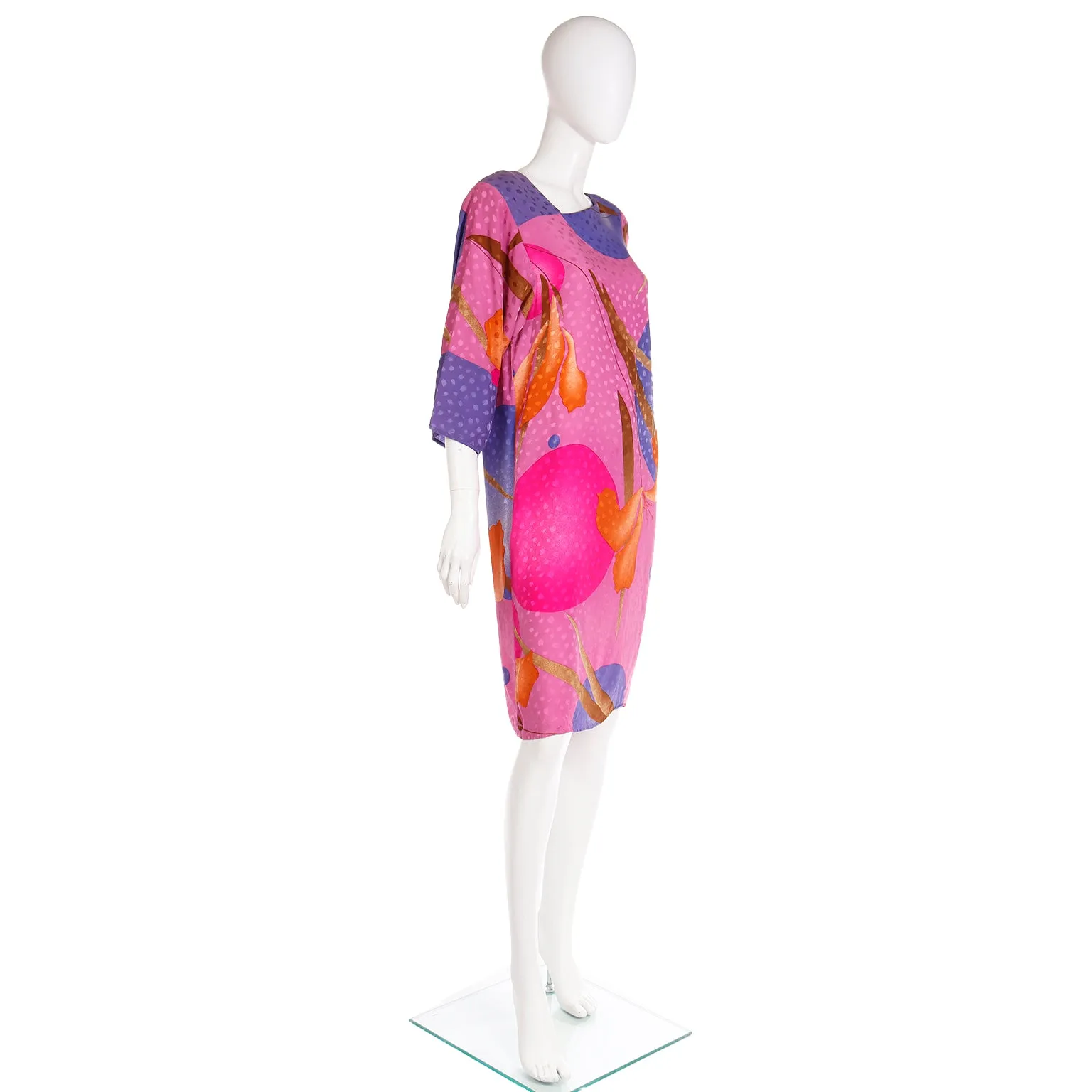 1980s Flora Kung Silk Dress in Pink Orange and Blue Bold Print