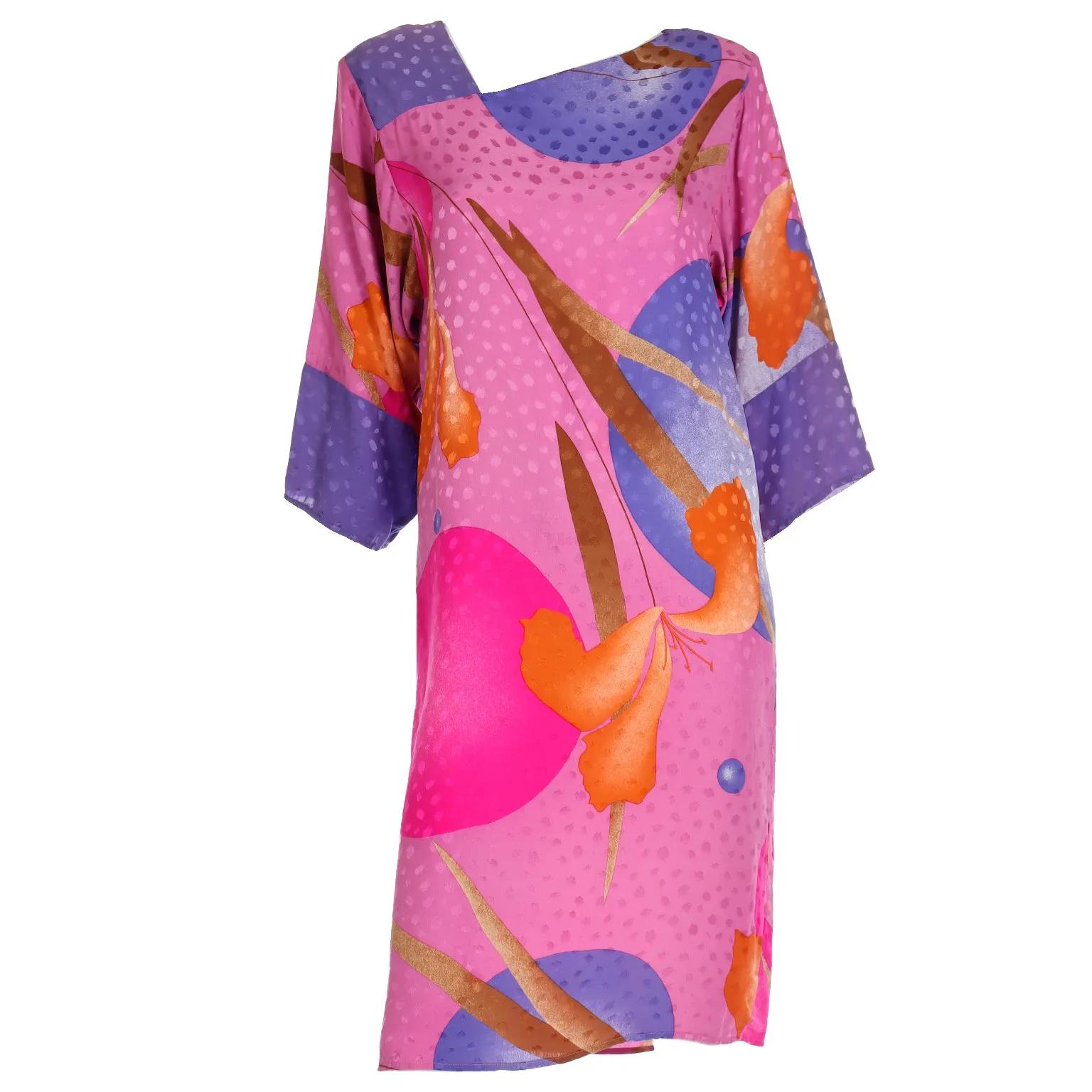 1980s Flora Kung Silk Dress in Pink Orange and Blue Bold Print