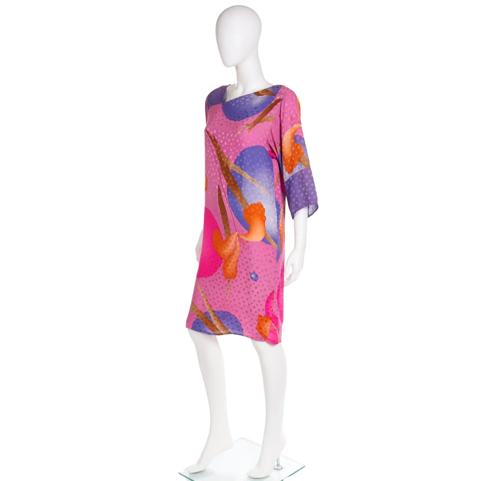 1980s Flora Kung Silk Dress in Pink Orange and Blue Bold Print