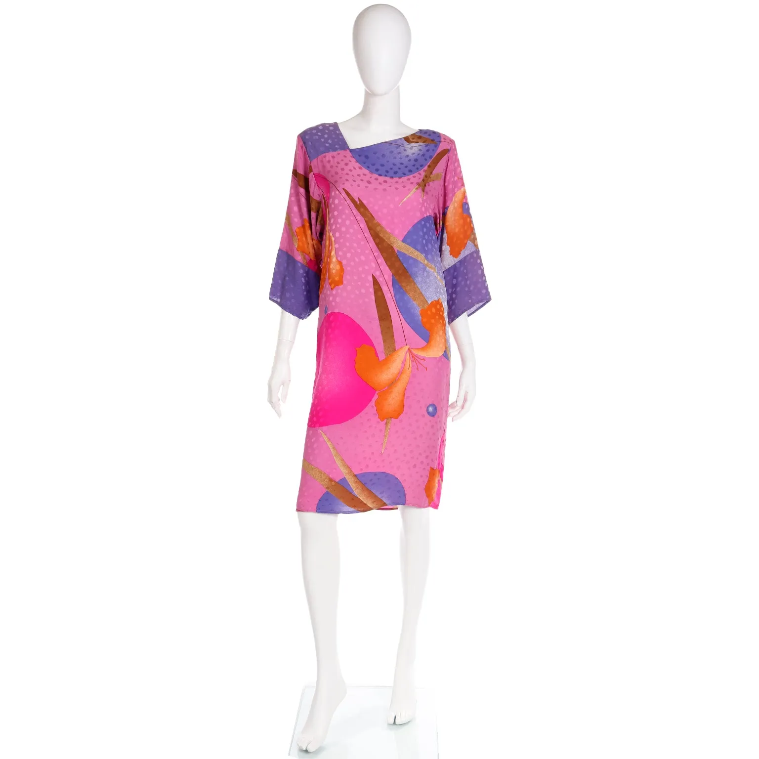 1980s Flora Kung Silk Dress in Pink Orange and Blue Bold Print