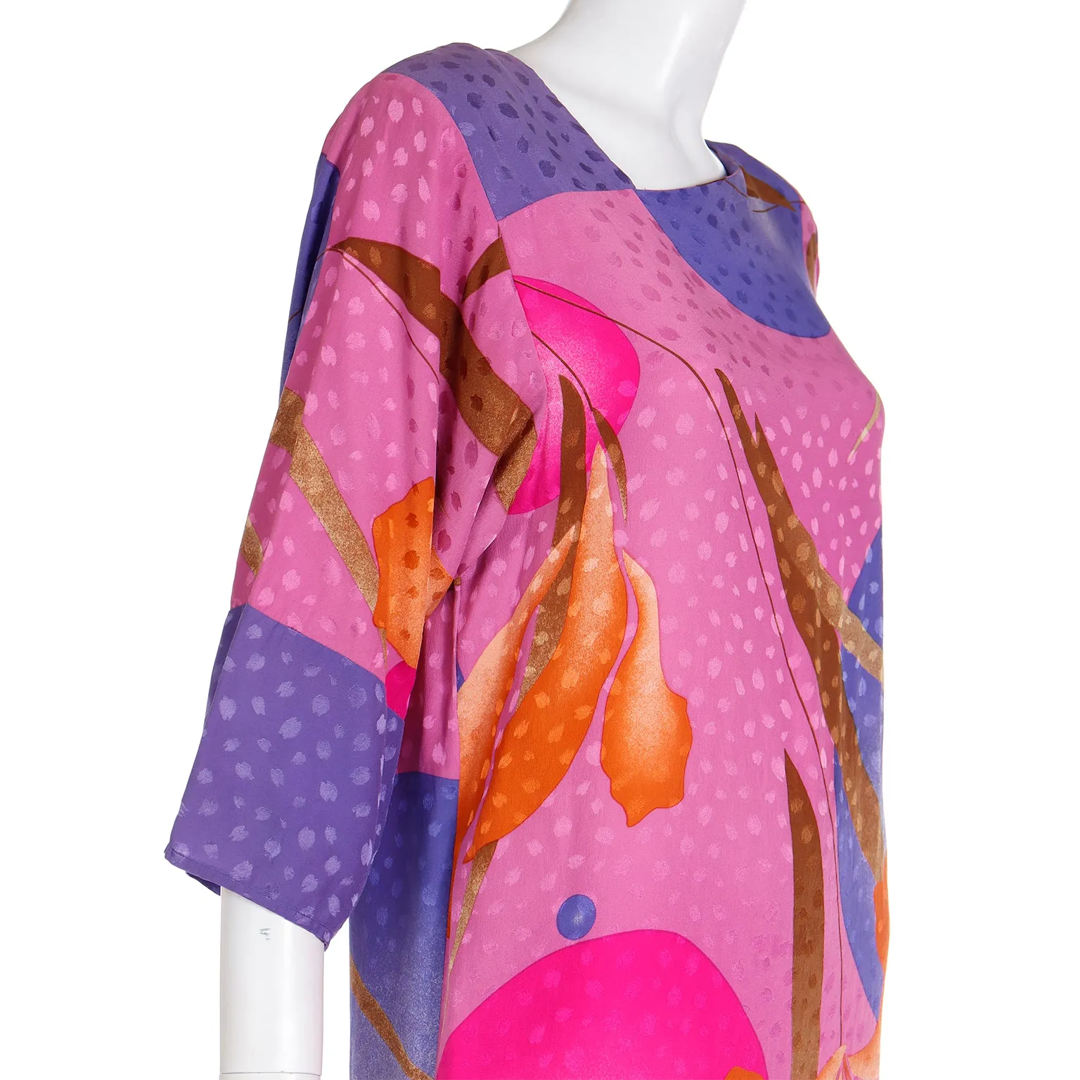 1980s Flora Kung Silk Dress in Pink Orange and Blue Bold Print