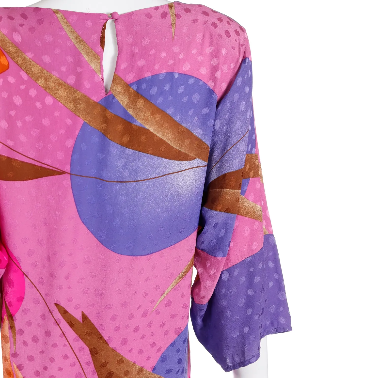 1980s Flora Kung Silk Dress in Pink Orange and Blue Bold Print