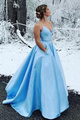 A Line V Neck Sky Blue Satin Long Prom Dresses with Beading Pocket,Formal Dress