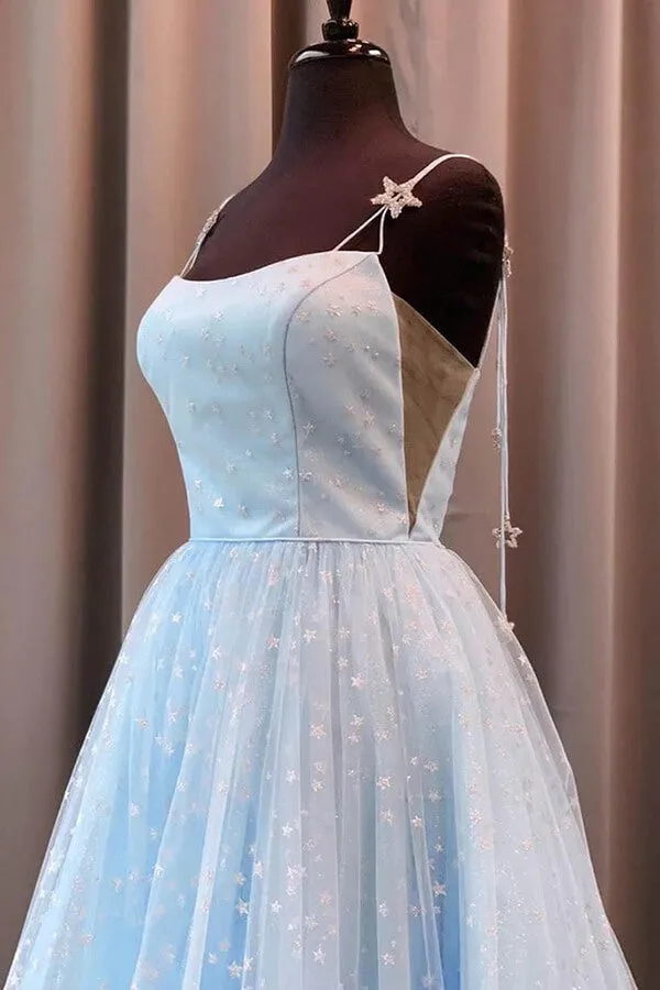 Beautiful Sky Blue Tulle Star A-line Long Prom Dress, Formal Dresses,maxi dresses