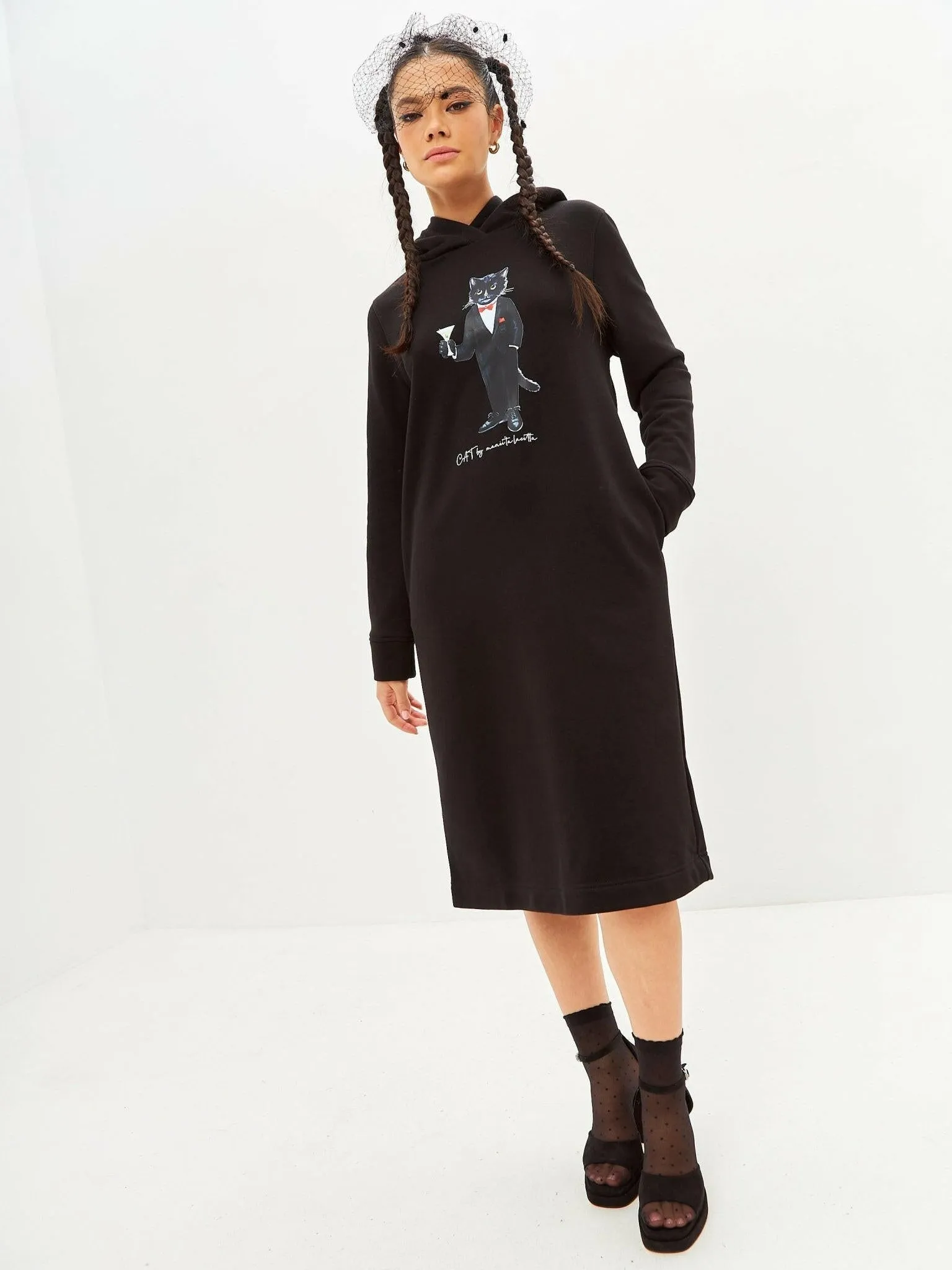 Black Printed Hoodie Dress DANDY CAT