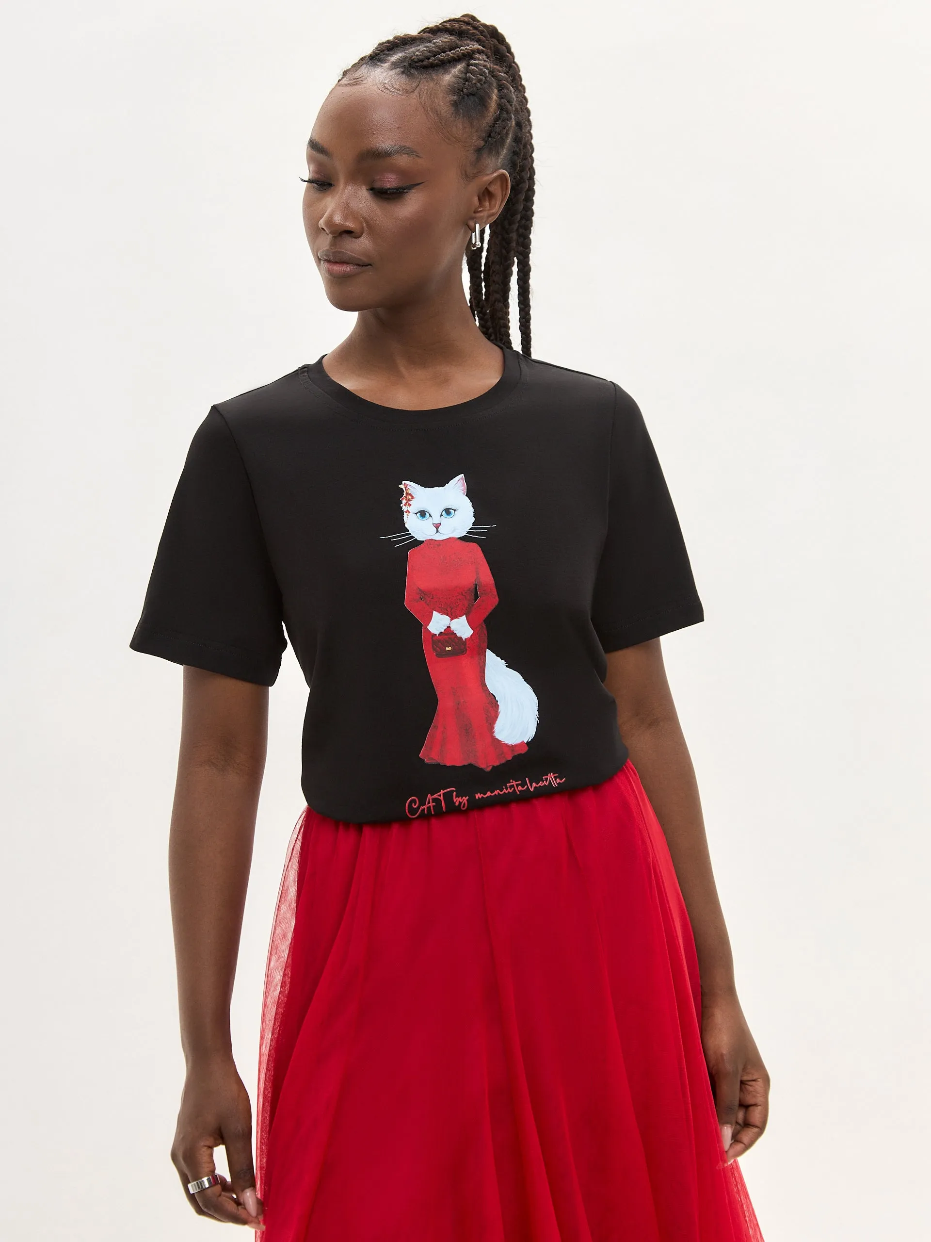 Black Printed T-shirt  CAT IN RED