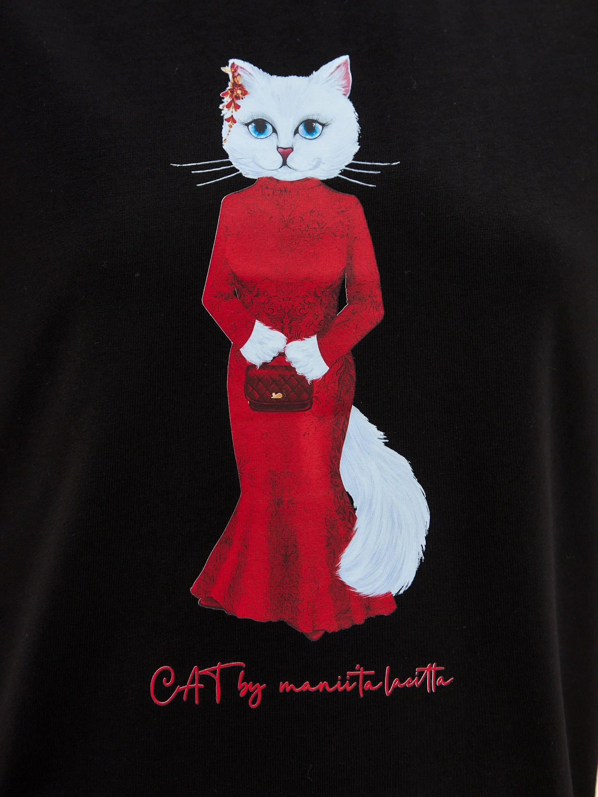 Black Printed T-shirt  CAT IN RED