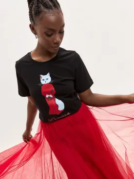 Black Printed T-shirt  CAT IN RED