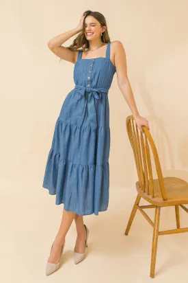 Chambray Tiered Shirred Midi Dress