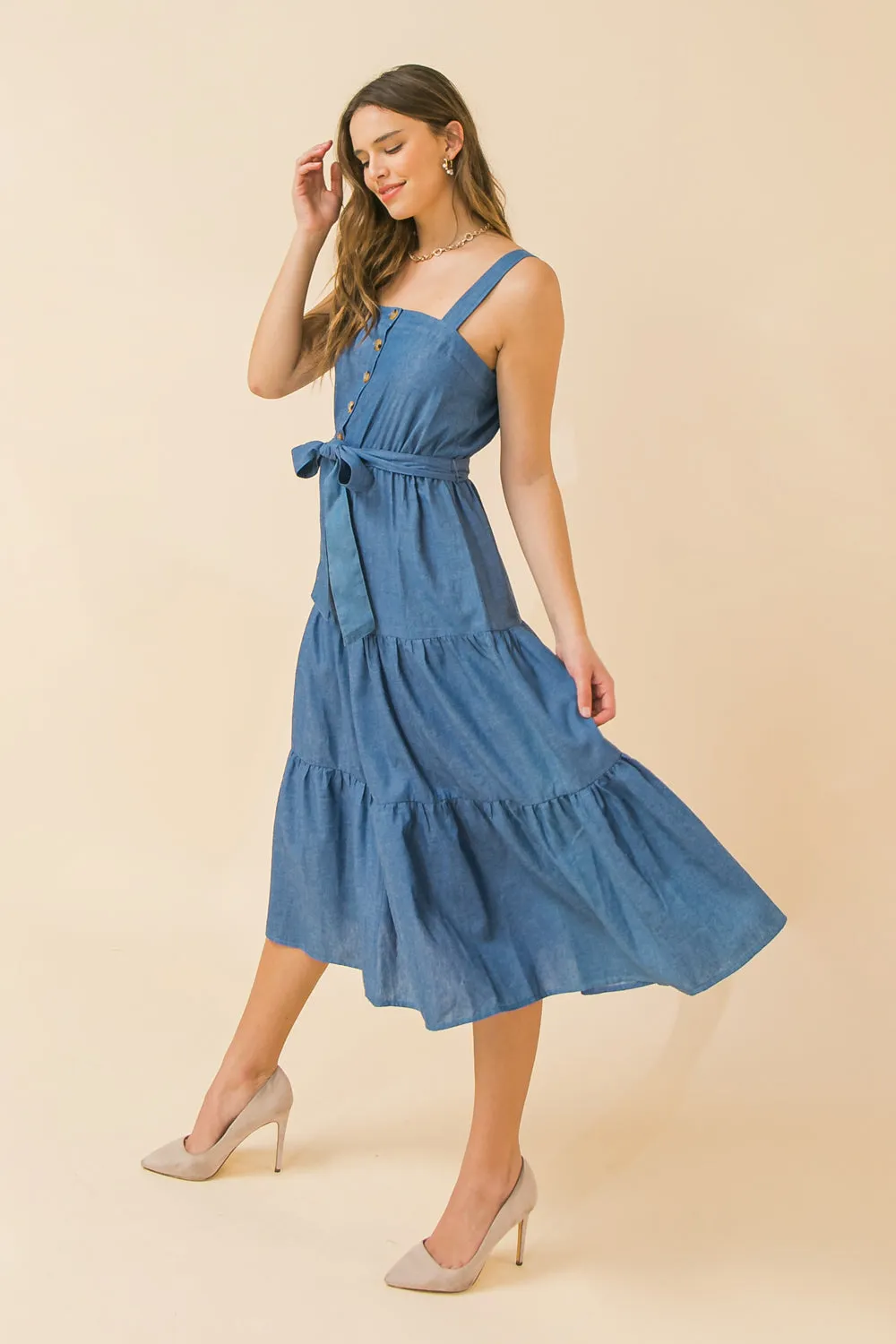 Chambray Tiered Shirred Midi Dress