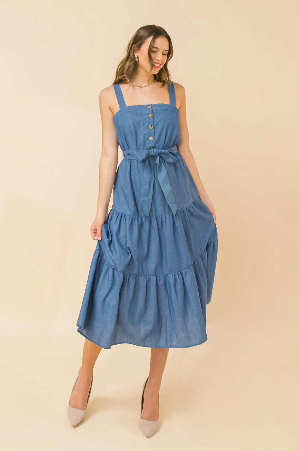 Chambray Tiered Shirred Midi Dress