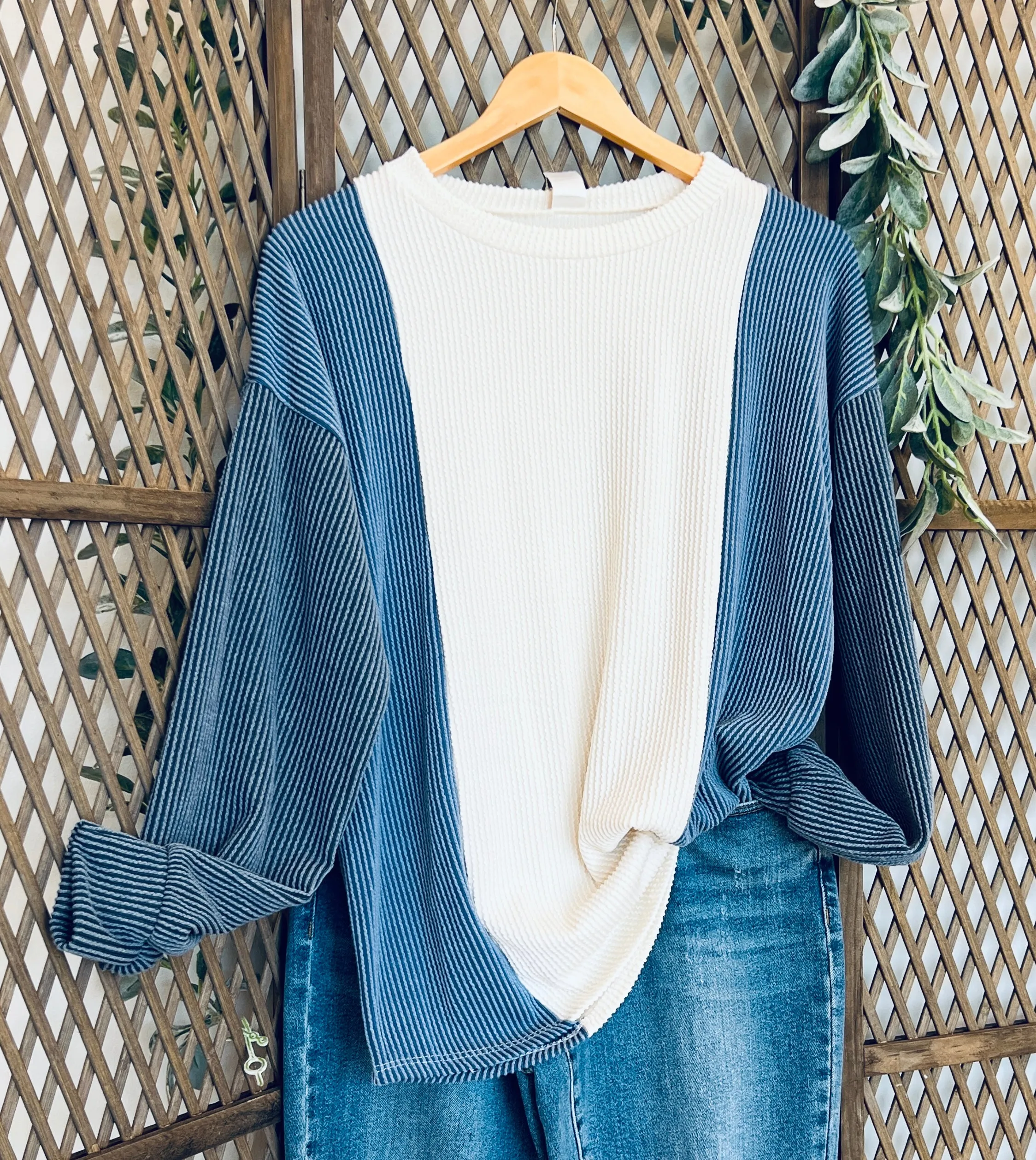 Color Block Bishop Sleeve Top: Dark Denim