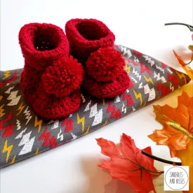 Deep Red Hand Crocheted Pom Pom Bootees