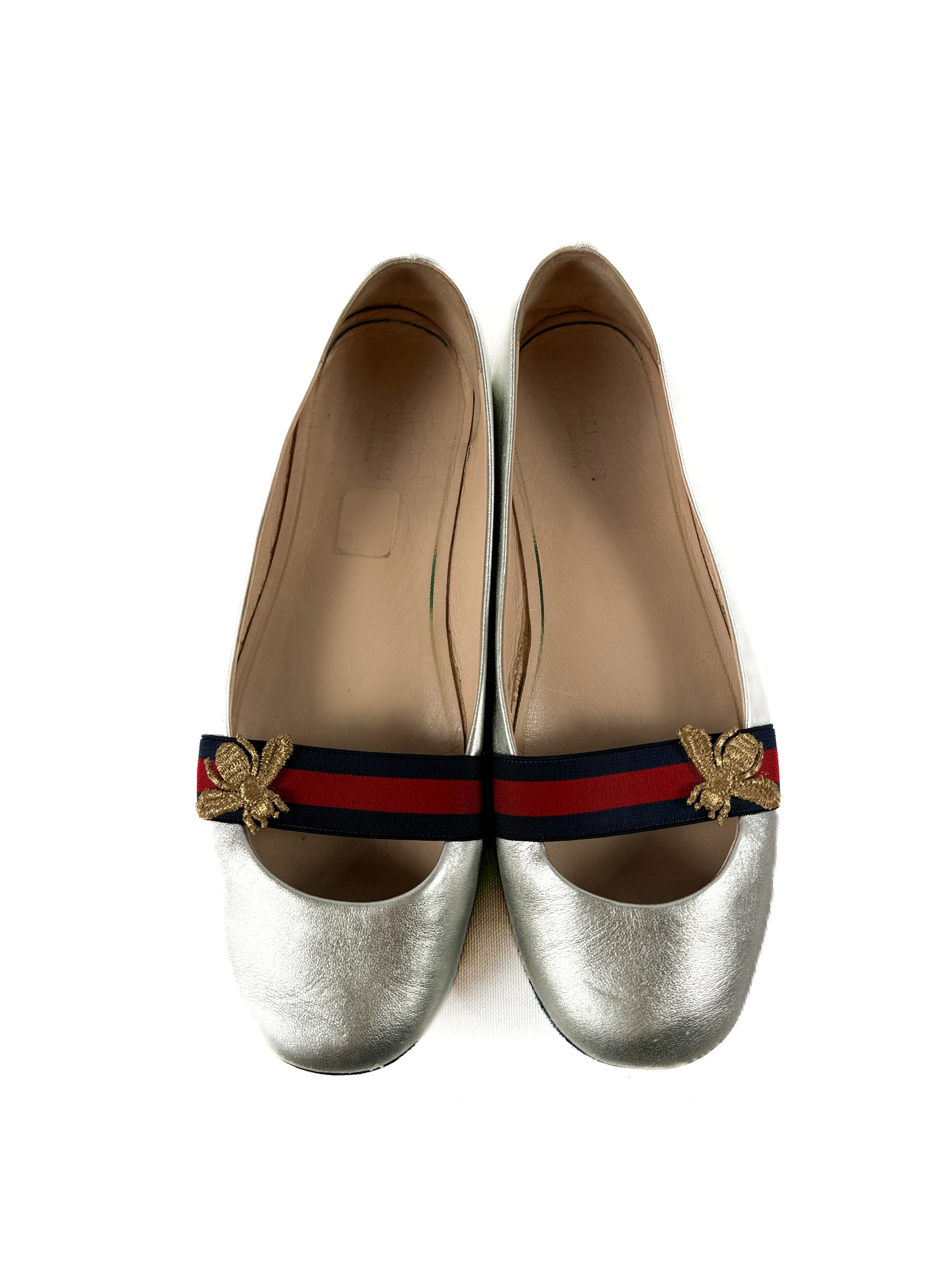 Gucci Metallic Nappa Web Bayadere Ballerina silver leather Flats size 38.5 **as is**