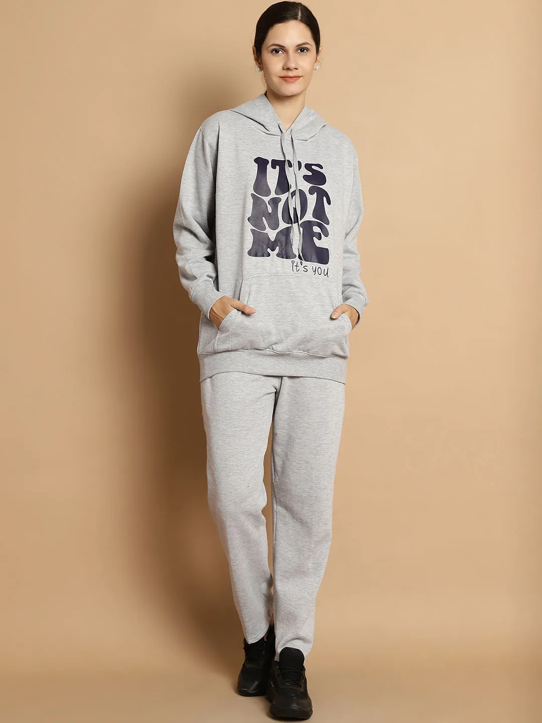 Vimal Jonney Grey Melange Printed Round Neck Cotton Fleece Tracksuit for Women(2 Side Pocket 1 Side Zip)