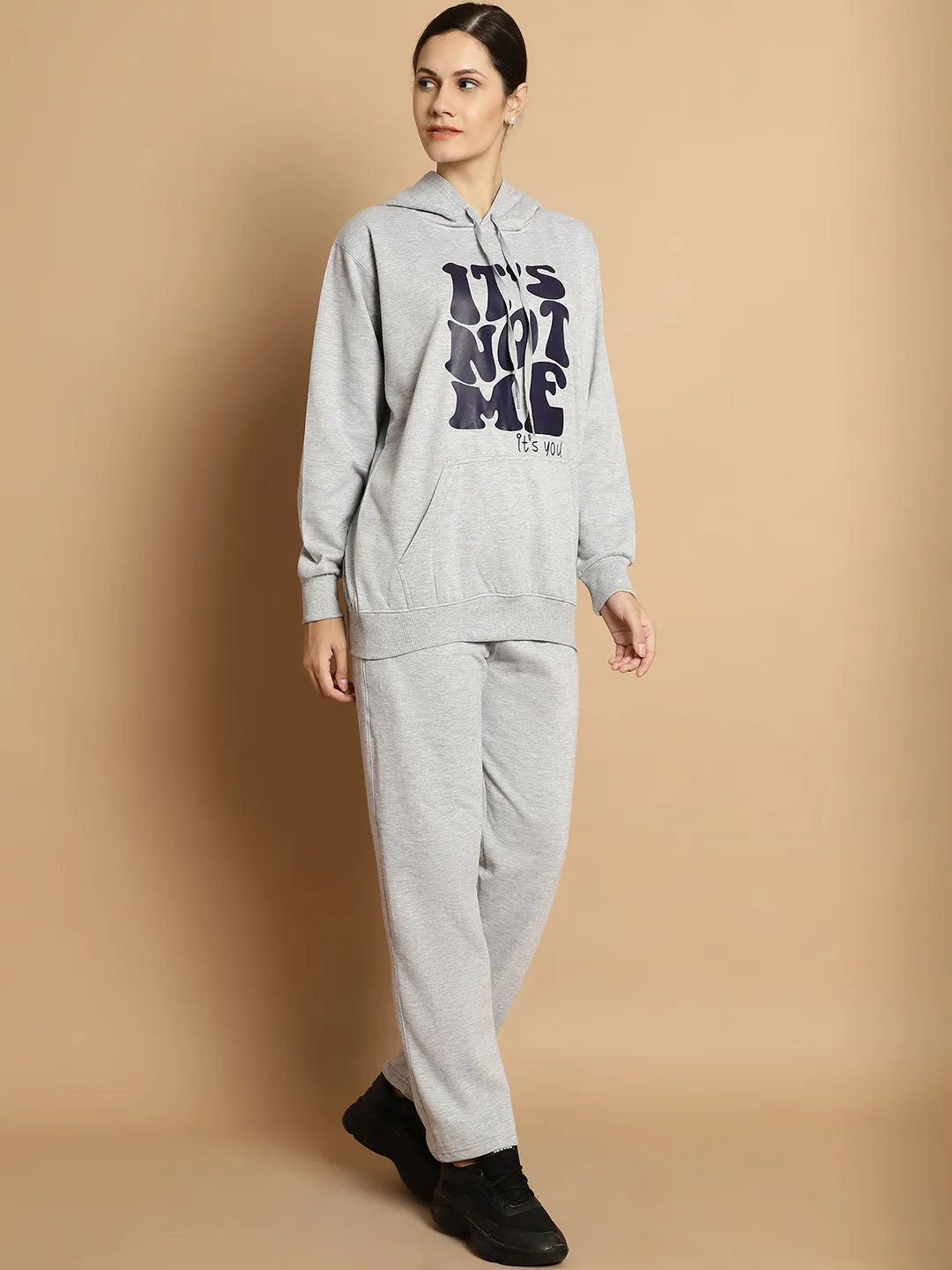 Vimal Jonney Grey Melange Printed Round Neck Cotton Fleece Tracksuit for Women(2 Side Pocket 1 Side Zip)