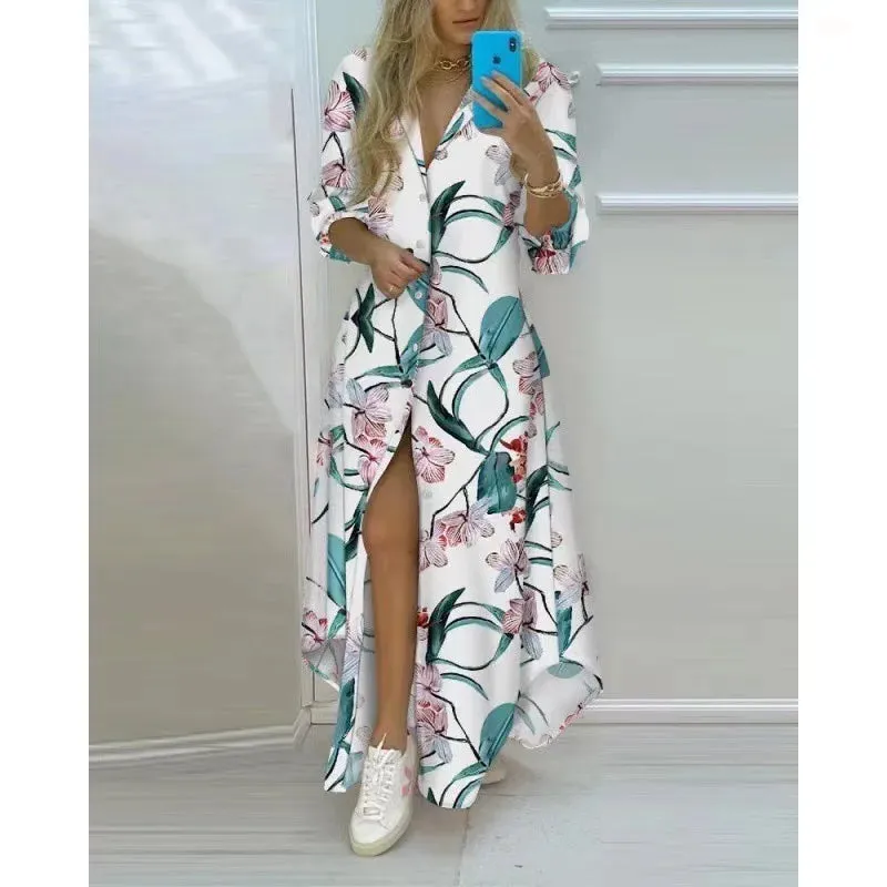 Women Boho Printed Long Shirts Dress Summer Turn-down Collar Long Sleeve Party Dress Female Casual Evening Maxi Dresses Vestidos